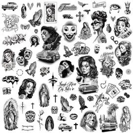 Los Vatos Paquete Chicano - 8 Hojas Cholo Y Chola Tatuajes Temporales - Payasa, Lowrider, Virgen María, Oración, Cruz, Chicana, Gangster, Tatuaje Falso, Día De Muertos, Tatuajes Tempora