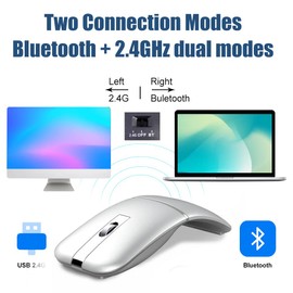 NORMIA RITA Foldable Arc Wireless Mouse Silent Click Bluetooth 2.4GHz Dual Modes Portable Curved Mouse for Home, Office, Travel (Silver)