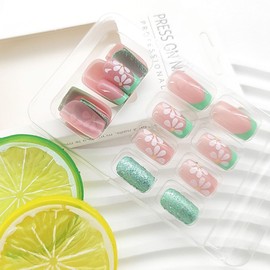 Acrylic Press on Nails Square Medium Fake Nails Press ons Green French Tip Stick on Nails White Flower Silver Glitter Glue on Nails Nude Full Cover Artificial False Nails for Girls 24Pcs