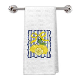 PIUD Blue Striped Coquette Bow Lemon Kitchen Towels, Retro Trendy Ribbon Lemon Dish Tea Towels for Kitchen Decor, Preppy Bow Fruit Hand Towels for Bathroom Decor, 16x24 Inch