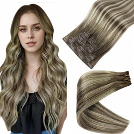 Full Shine Seamless Clip in Hair Extensions Human Hair 12 Inch Clip in Hair Extensions With PU Weft Color 7/800/7 Ash Brown To Blonde Mix Brown Remy Hair Extensions 8pcs 80G