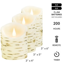 Softflame Flickering Flameless LED Candles with Remote Control, 3D Flame Battery Operated Candles in Real Wax for Indoor Use and Home décor, Set of 3: 3"x4", 3"x5", 3"x6" Birch Bark Effect
