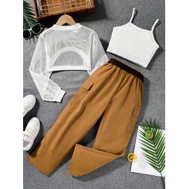 OYOANGLE Girl's 3 Piece Outfits Crop Cami Top and Belted Cargo Pants Set with High Low Hem Mesh Shirt White Brown 10Y