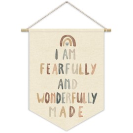 XYDEG Christian Nursery Wall Art Canvas Banner,Fearfully and Wonderfully Made,Bible Verses Wall Hanging Pennant Flag Canvas Banner for Kids Wall Art Playroom Classroom Baby Kids Bedroom 15x11in