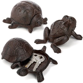 WUWEOT Cast Iron Key Hider Outside Set of 3, Outdoor Spare Key Holder, Secret One Key Hider, Garden Decoration Small Statues Ornament (Turtle Frog Ladybug)
