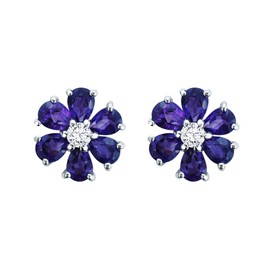 Solid Sterling Silver Pear-Shaped 1.8carat Natural Amethyst Flower Style Cute Stud Earrings for Women, Fine Jewelry High Polished Sterling Silver Studs