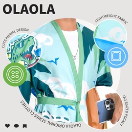 OLAOLA Men's Bathrobe Lightweight Kimono Dressing Gown Men Women Unisex Comfortable Soft Long Sauna Robe Microfibre Lightweight Quick-Drying Bathrobe, Dinosaurs, L