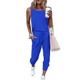PRETTYGARDEN Women's Two Piece Outfit Sets Casual Summer Sleeveless Crewneck Tops and Sweatpants Active Tracksuit Lounge Wear (Blue,X-Large)
