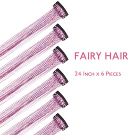 WENNALIFE Hair Tinsel Clip in Pink Tinsel Hair Extensions for Girls Glitter Hair Tinsel Clip Ins Hair Accessories Heat Resistant Fairy Sparkle Strands Christmas Birthday Gifts for Girls 6pcs 24 Inch