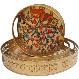 Decorative Round Trays, Deer Pichwai Trays Golden Metal Tray Serving Tray Round Decorative Tray for Coffee Table, Home Decor, Centerpiece, Kitchen Counter Serving Platter Circular Tray Set of 3