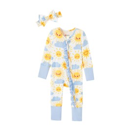 PATPAT Baby Footie Girls - Supersoft Bamboo Viscose - Unisex Infant Clothes - 2 Way Zipper & Mittens & Ruffle Trim & Headband Romper BoysHappy Suns 9-12 Months Blue Loose-Fitting Jumpsuit