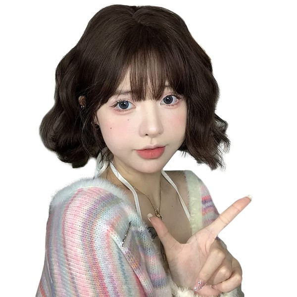 Hawkko Wig, Short Curly Hair, Semi-Long, Curl, Full Wig, Women's, Wave, Wig, Bob, Cross-Dressing, Wig, Natural, Harajuku Style, Small Face, Popular, Heat Resistant, Wig, Fashion, Lolita, Cosplay, Net / Comb Included (Black Brown)