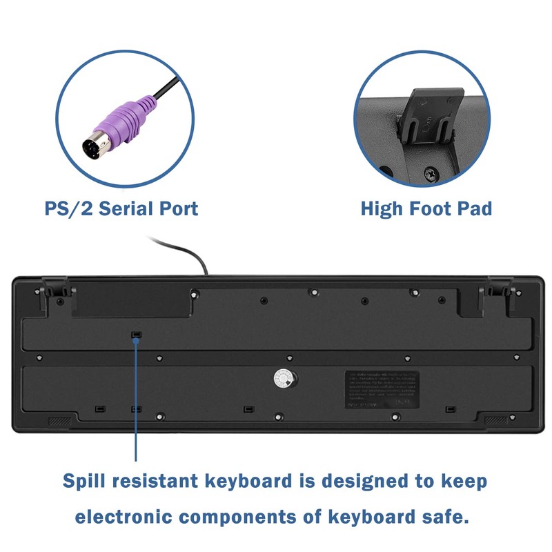 MCSaite Wired PS2 104 Keys Computer Keyboard with Stands,Black,Waterproof -
