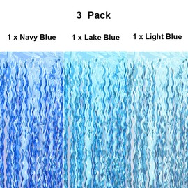 Cyxevous Under The Sea Party Decorations Navy Blue Ocean Blue Light Blue Wavy Tinsel Foil Fringe Curtain Photo Booth Props for Mermaid Birthday (3 Pack 3.2 ft X 6.6 ft Teal Blue)