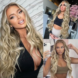 SOMIARIK Blonde Lace Front Wig, 13x4 Long Wavy Synthetic Lace Front Wigs for Women Middle Part Pre Plucked Hairline Heat Resistant Wig for Daily Party Wigs Natural Looking 26 inch