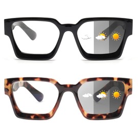 JM 2-Pack Photochrome Lesebrille für Frauen, Quadratisches Blaues Licht Blockierende Computer-Leser-Sonnenbrille, Frühlingsscharnier, Schwarze Schildkröte +4.0