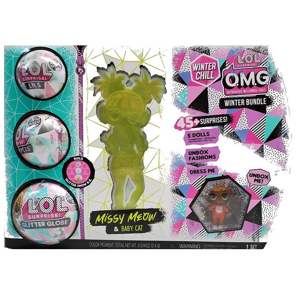 MGA Entertainment Winter Chill L.O.L. O.M.G Surprise Winter Bundle- 1 Missy Meow, 1 Baby Cat, 1 Lils, 1 Fluffy Pets, 1 Glitter Globe