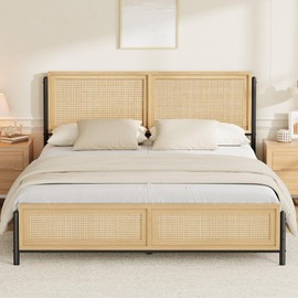IDEALHOUSE Natural Full Size Bed Frame with Rattan Headboard and Footboard, Boho Full Mattress Frame No Box Spring Needed, Noise-Free Easy Assemble Wooden Bedframe