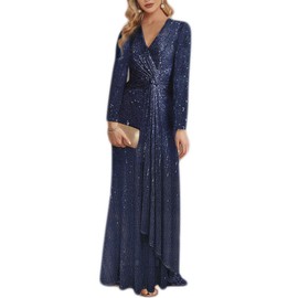 meilun Navy Long Sleeve Sequin Dress for Women Formal Evening Gowns Sparkly V Neck Maxi Dress for Wedding Guest,2XL