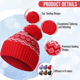 Silicherry 3 Pcs 6 Pcs Winter Pom Beanie Hats for Men Women Christmas Knit Beanie Hats Warm Nordic Pattern Hat Skull Cap (Light Color)