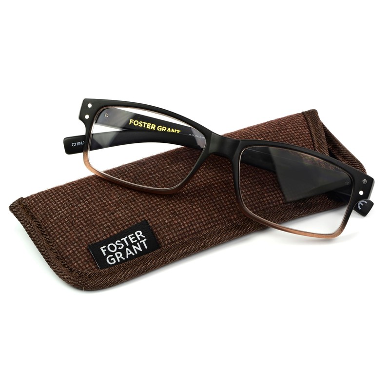 Foster Grant Men's Thomson Rectangular Reading Glasses, Brown/Transparent, 59 mm