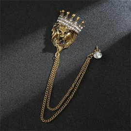 Vintage Leopard Head Chain Brooch With Lion Rhinestone Crown Fringe Pin - Punk Style Cool Animal Collar Suit Pin for Men's Shirt Corsage (Gold)