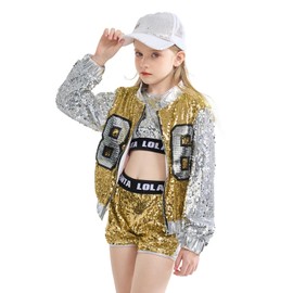 LOLANTA Kids 80' 90' Dance Costume Hip Hop Dance Clothes Girls Cute Sequin Zipper Jacket Short Sets Tank Socks (Gold, 10-12)