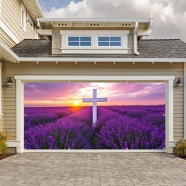 Leowefowa Garage Door Easter Decorations 16x7ft Jesus Christ Cross Garage Door Decoration Banner Spring Flowers Field Large Garage Door Cover Easter Theme Garage Door Decoration