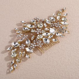 Lenjicons Wedding Floral Rhinestone Hair Comb Sparkling Crystal Bridal Hair Accessories Handmade Rhinestone Wedding Hair Comb Crystal Bridal Headpiece for Women (gold)