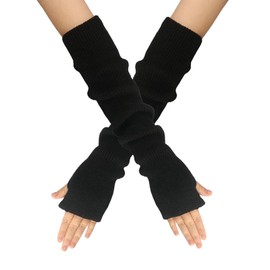 JOYAUS [2 Pack] Winter Fingerless Long Gloves for Women Girls Knit Blended Knitted Arm Warmers Super Soft Arm Sleeves (Black+White)