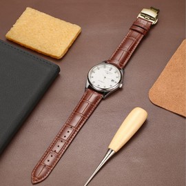 Moran Quick Release Leather Watch Bands Deployment Butterfly Buckle Calfskin Replacement Watch Strap for Men & Women, Brown-Gold buckle, 20mm