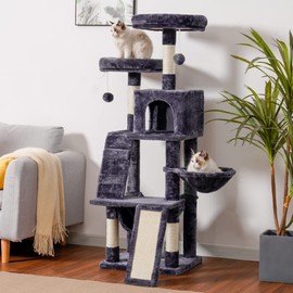 Heybly Cat Tree, Cat Tower for Indoor Cats, Multi-Level Cat Furniture Condo for Cats with Padded Plush Perch, Cozy Basket and Scratching Board, Smoky Gray HCT014G