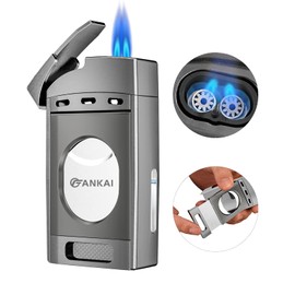 Torch Lighter with Cutter,FANKAI Cigar Lighter Double Jet Flame Refillable Butane Lighter 2 in 1 Windproof Lighters for Smoking Cigar Accessories W/Gift Box (Butane Not Included)