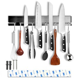 YIIYIIN Magnetic Knife Holder for Wall with 6 Hooks -Magnetic Knife Strip - 304 Stainless Steel Kitchen Utensil Holder/Hanger/Rack/Bar 12 Inch (Black)