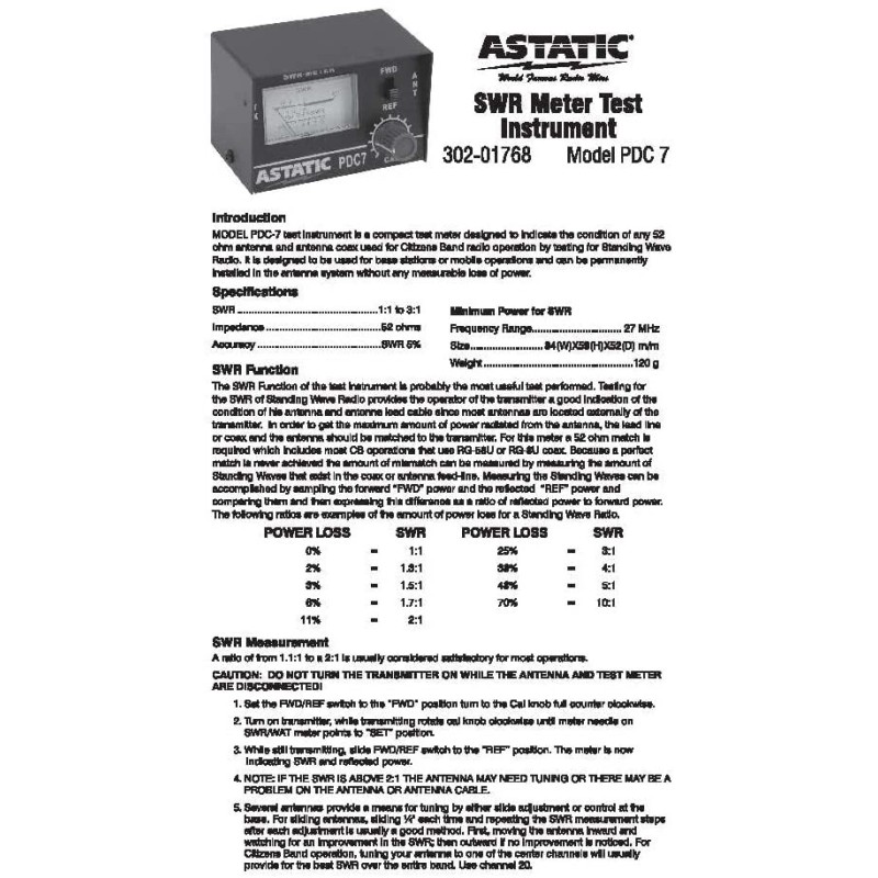 Astatic PDC7 302-01768 Compact 3-Function SWR Test meter Black Brand