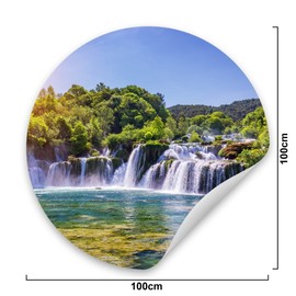 Muralo Sticker Circle Waterfall Trees Green Sky Nature Landscape 3D Wall Decoration Sticker for Living Room Bedroom Office Width 100 cm x Height 100 cm