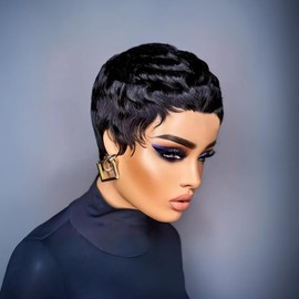 SAEIALL Pixie Cut Wig for Black Women Human Hair 1B Short Wigs for Women Human Hair Brazilian Real Human Hair Glueless Wig Black Short Layered Wigs with Bangs Full Machine Made Wig (Black)