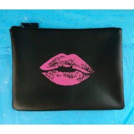 Bloomingdale's Large Hot Pink Lips Black Faux Leather Makeup Bag Travel Pouch