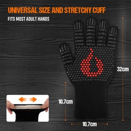onlyfire Barbecue Gloves Heat Resistant up to 800°C, Oven Gloves, Non-Slip, Fireproof Gloves, Baking Gloves for Baking/Grilling/Cooking/BBQ, Cooking Gloves, Fireplace Glove, Black