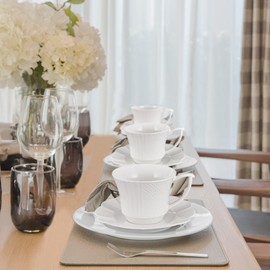 12 Pieces 7 oz Tea Cup and Saucer Set, Cappuccino Latte Americano Coffee Cup with Saucer Set of 6, Espresso Double Shot Cup, New Bone Porcelain Embossment Tea Cups, for Cafe Kitchen, Gift Idea, White