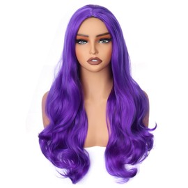 70 cm/28 inch Long Curly Wavy Wigs Middle Part for Women Ladies Cosplay Fancy Dress Wig Synthetic Heat Resistant Hair(Dark purple)