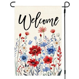 RABUSOFA 4th of July Memorial Day Patriotic Garden Flag 12x18 Inch Double Sided,Red White and Blue Floral Yard Outdoor Decoration Small