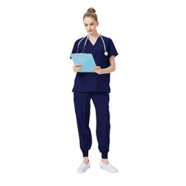 ThreeH Women's Medical Scrubbing Set, Classic Top with V Neck & Yoga Jogging Bottoms, Nursing Uniform for Healthcare, navy