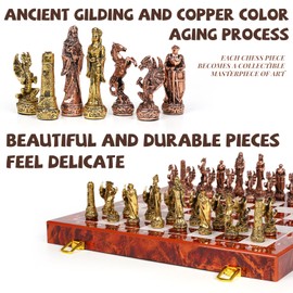 Vintage Figurine Metal Chess Set for Adults and Kids - 15'' Wooden Board with Metal Pieces - Travel Chess Set - Collectible Elegant Game - Family Vintage Board Game
