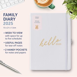 Busy B 2025 A5 Family Diary - Weekly Planner with 5 Schedules, Light Lilac Faux Leather Cover & Gold Foil - Life Planner for Busy Families - Includes Year Planner, Birthdays & Tear-Off Notes