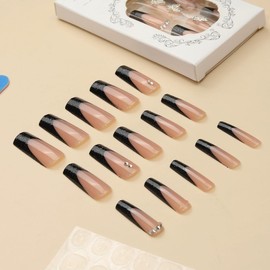 Press On Nails - Long Square Glossy Glue On Nails with Bling Black Glitter French Tip Acrylic Butterfly Rhinestone Design, 24 pcs (Black-11, style-11)