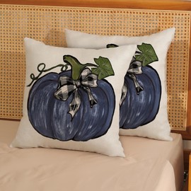 Gohdiwh Fall Pillow Covers 18x18 Set of 2 Dark Blue Pumpkin Leaves Fall Decor Pillowcase Autumn Harvest Thanksgiving Decorative Outdoor Throw Pillow Covers Linen Farmhouse Cushion Case for Couch Home
