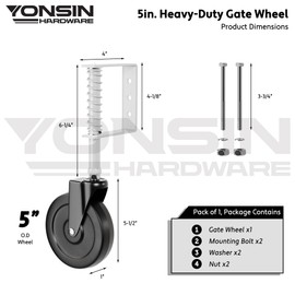 YONSIN 5" Heavy Duty Spring Loaded Gate Caster, Drag Gate Wheels with 360° Swivel for Wooden Gate Fence, Metal Tube Gate, Anti Sag Gate Kit, 200 Lbs Capacity, 1 Pac, White