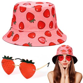FuxFuis Fishing Hat Fishing Hat and Strawberry Glasses, Cloth Fishing Hats Pink Fishing Hat Children Women Fisherman Hat Creative Party Hats Funny Fishing Hat Unisex Sun Hat for Parties Carnival Stage