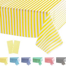 POPOYU 2Pcs Yellow Stripe Table Cloth,Yellow and White Table Covers,137 * 274cm Birthday Party Rectangular Dining Table Cover Plastic Tablecloths for Picnic,Christmas,Birthday Party Decoration
